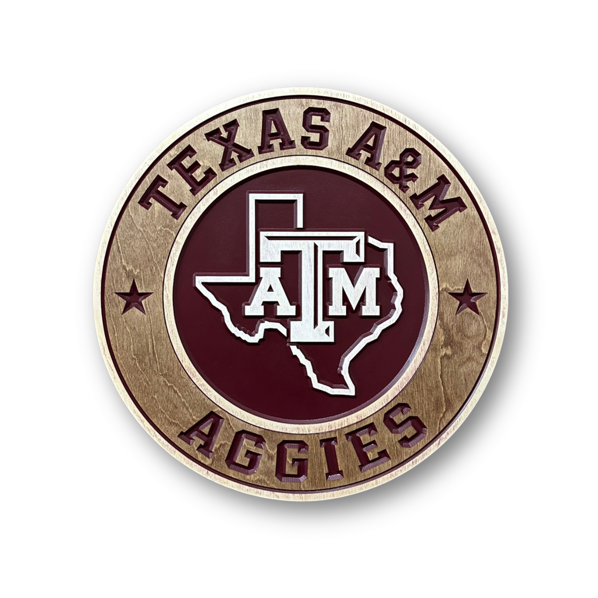 Texas A&M Aggies 3D carved wood sign featuring the ATM logo and Texas state shape in maroon and wood tones