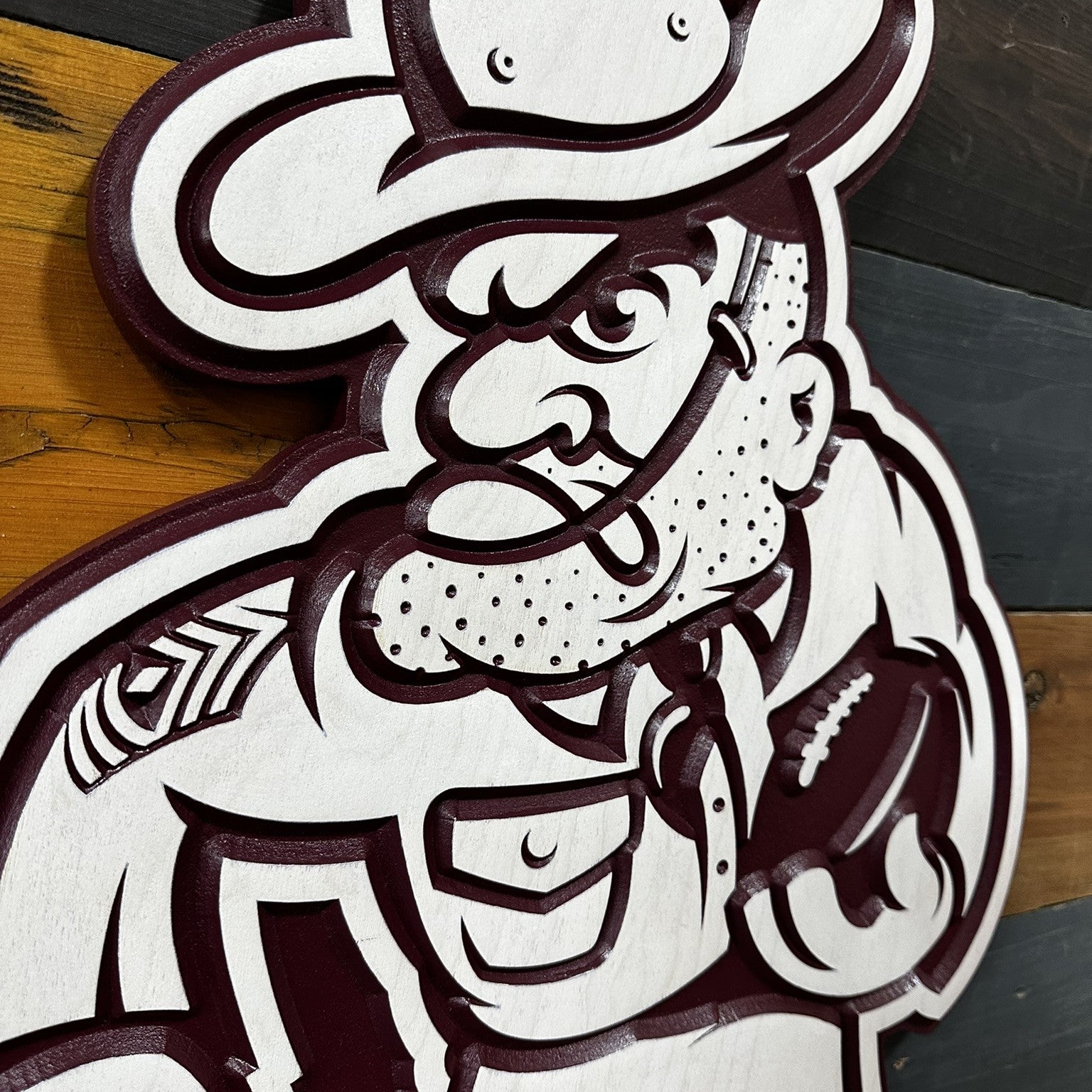 Texas A&M Aggies football mascot wood wall decor for fan caves offices and game rooms zoomed in