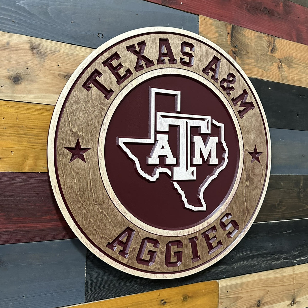 Hand stained Texas A&M Aggies carved wood sign with dimensional ATM logo and Texas silhouette