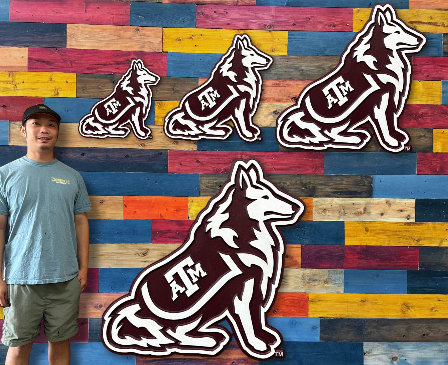 Texas A&M Aggies Reveille wall art handcrafted from premium materials next to a person for sizing