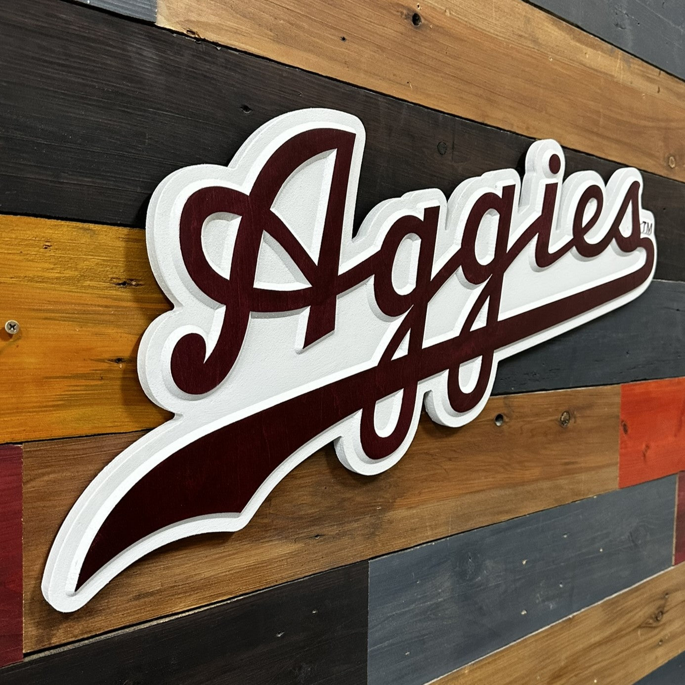 Texas A&M Aggies Script wood wall decor for fan caves offices and game rooms