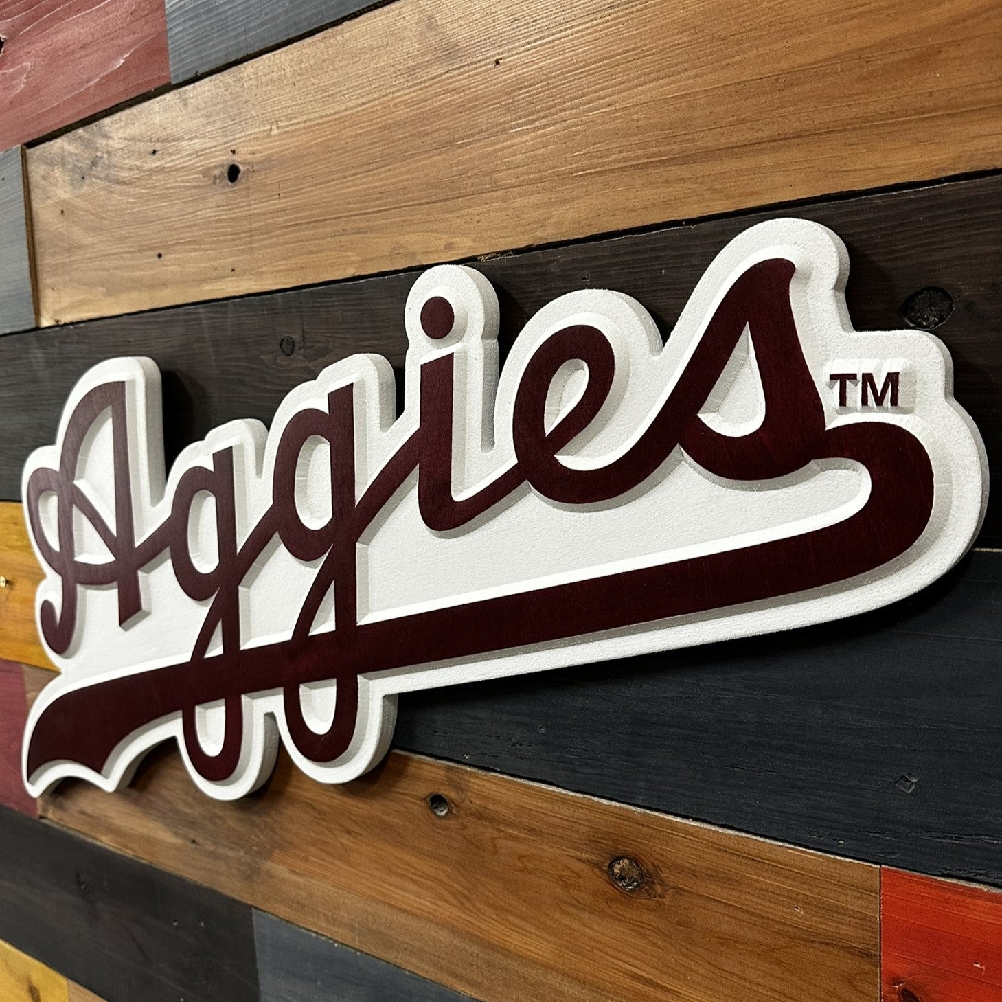 Texas A&M Aggies Script wood wall decor for fan caves offices and game rooms
