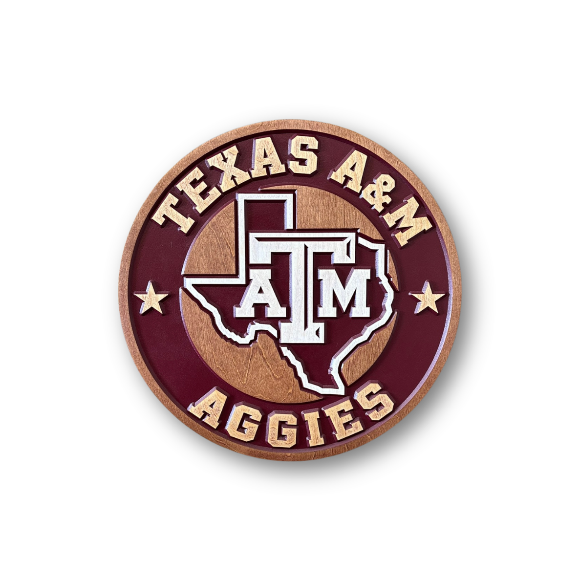 Texas A&M Aggies 3D carved wood round sign featuring the ATM logo and Texas state shape