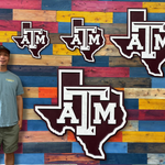 Texas A&M Aggies logo displayed over the Texas state outline in handcrafted wood wall art sizes