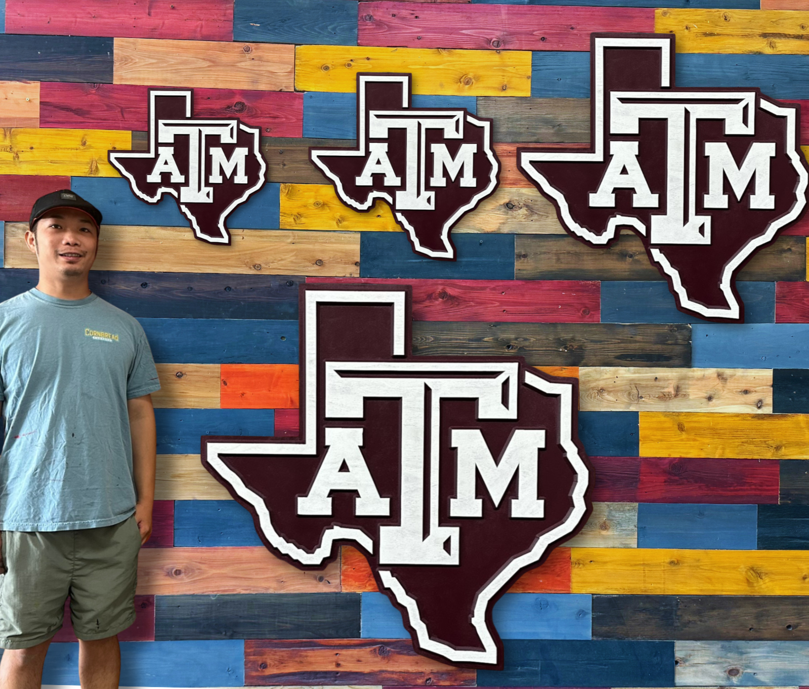 Texas A&M Aggies logo displayed over the Texas state outline in handcrafted wood wall art sizes