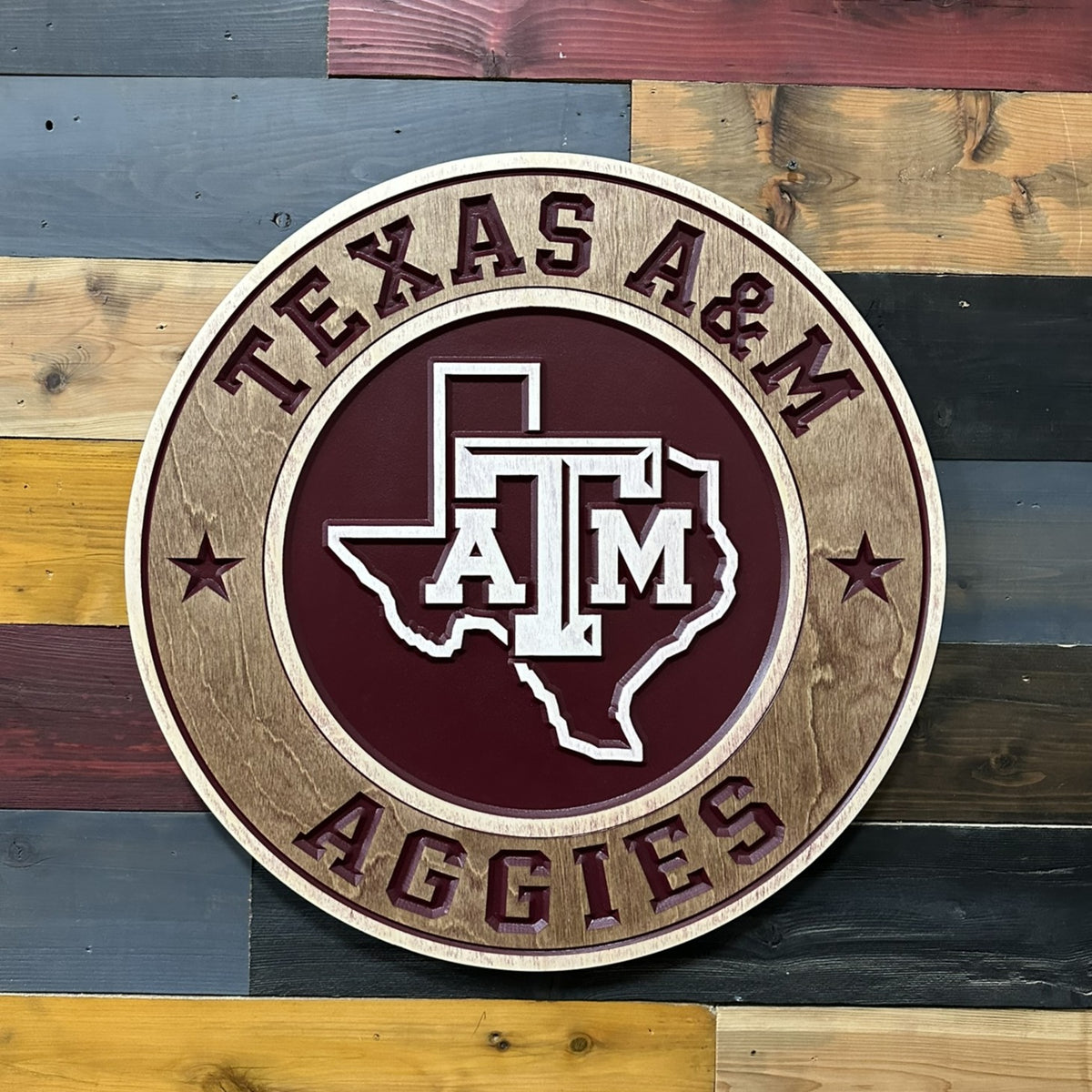 Texas A&M Aggies handcrafted wood wall art featuring the ATM logo inside the state of Texas