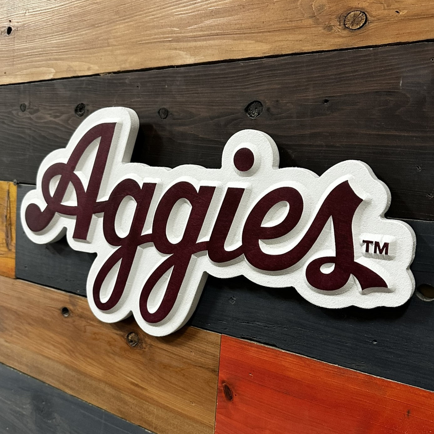 Texas A&M Aggies Script Logo wood wall art for fan caves offices and game rooms