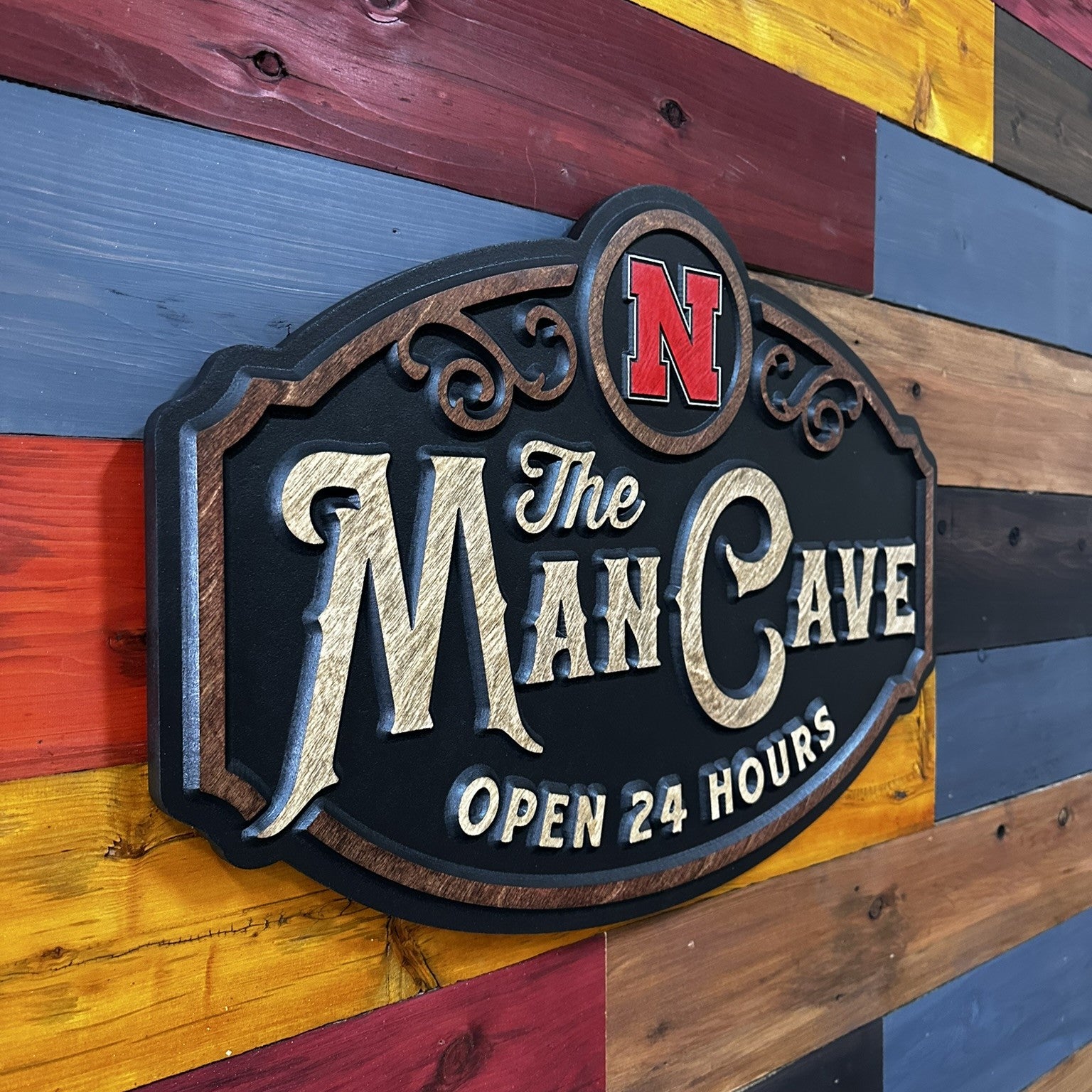 Angled view of Nebraska Man Cave wood sign