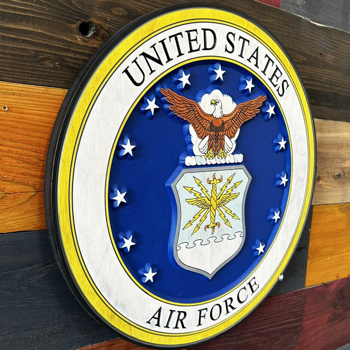Angled view of United States Air Force emblem wood sign