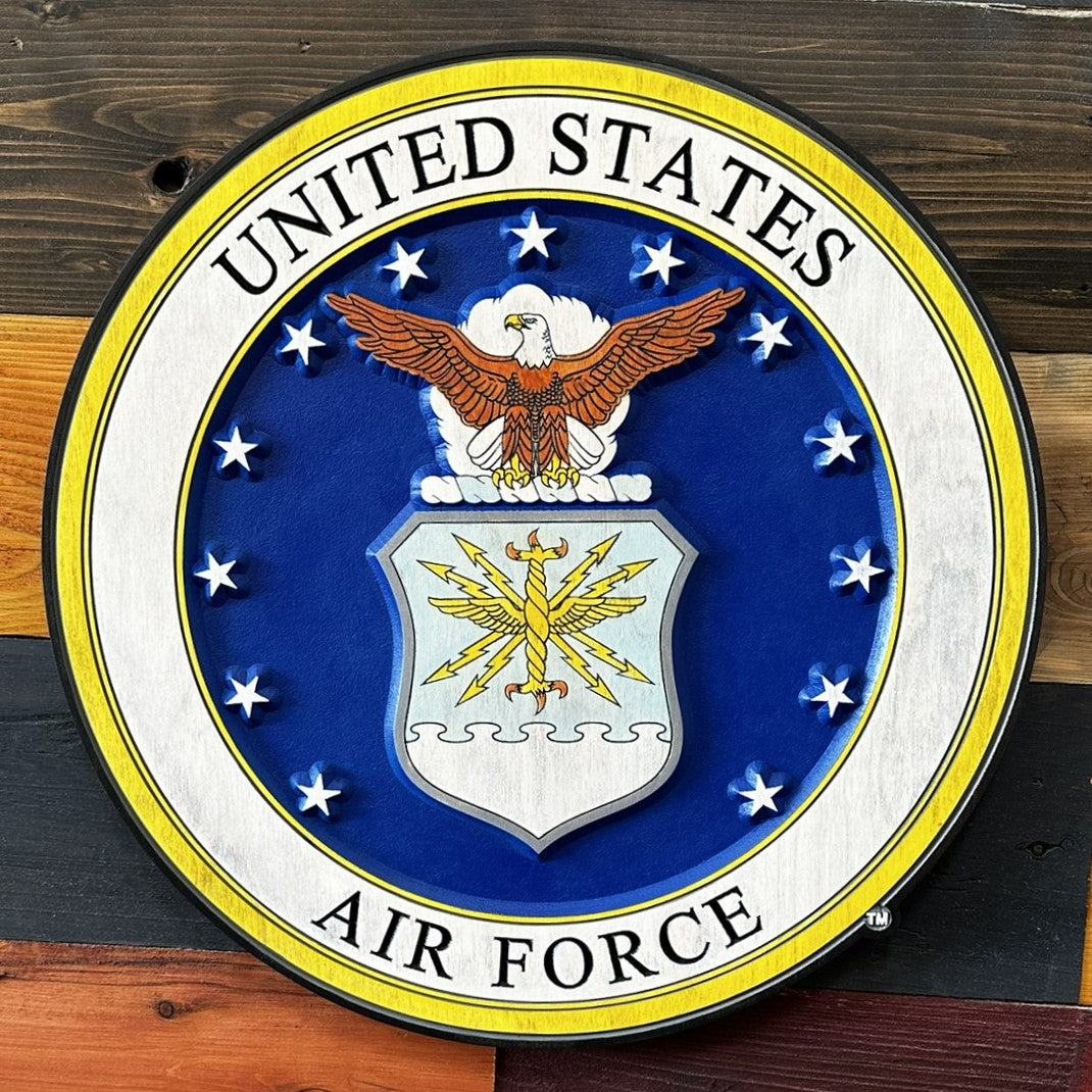 Close-up of carved United States Air Force emblem wood sign detail