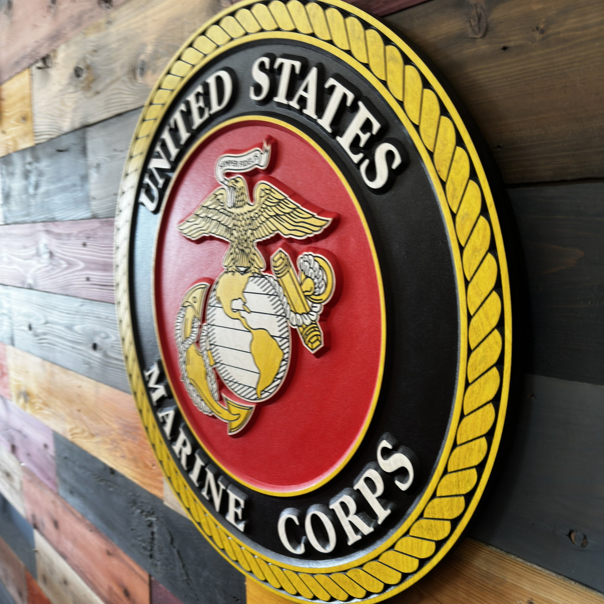 Side profile of United States Marine Corps emblem wood sign