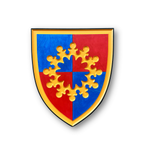 Officially licensed 149th Maneuver Enhancement Brigade carved wood wall sign with red and blue shield and gold emblem