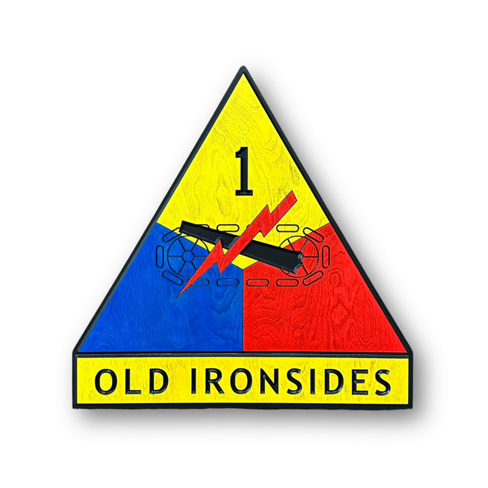 Officially licensed US Army 1st Armored Division Old Ironsides carved wood wall sign with red, blue, and yellow insignia