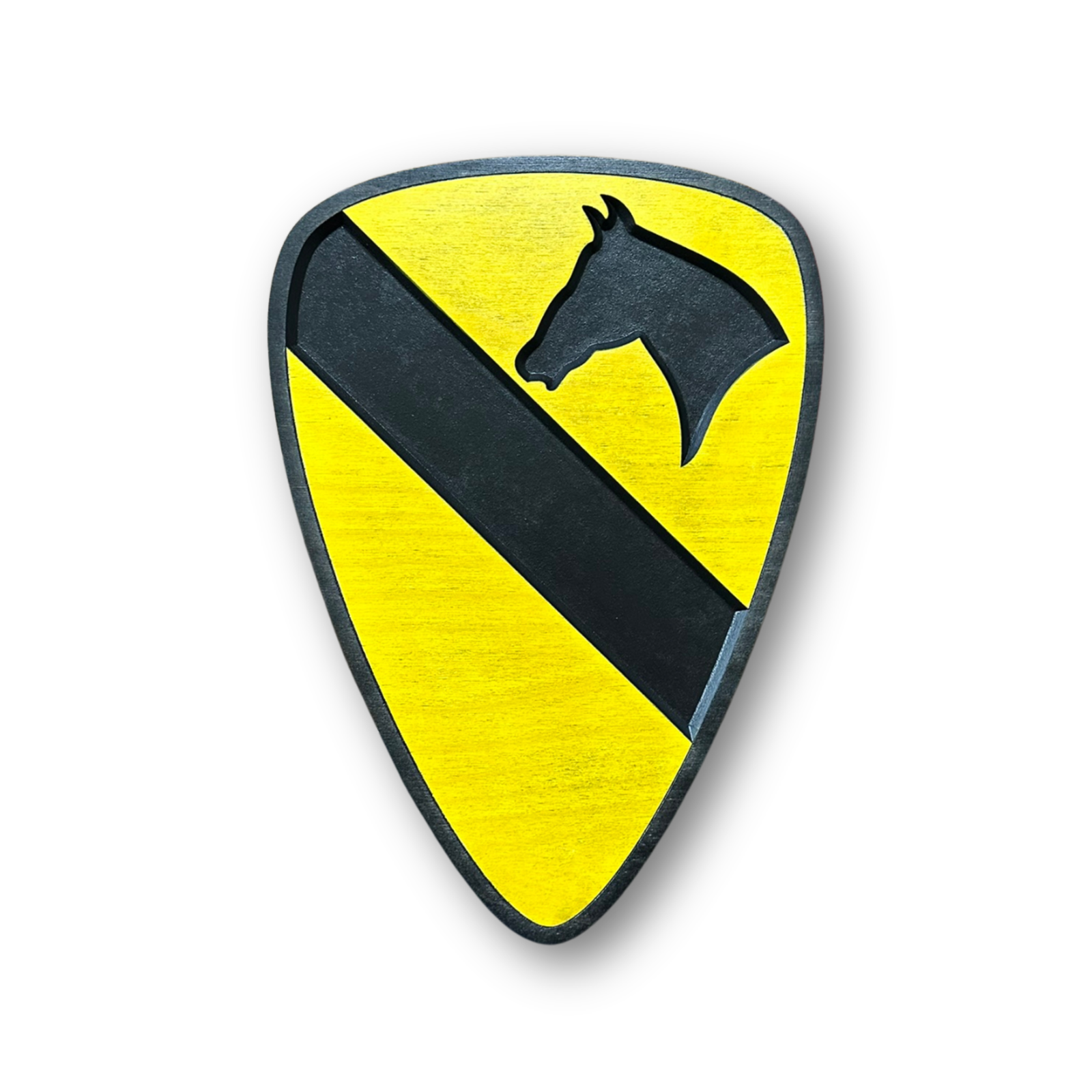Officially licensed US Army 1st Cavalry Division carved wood wall sign with black border and black and yellow shield insignia
