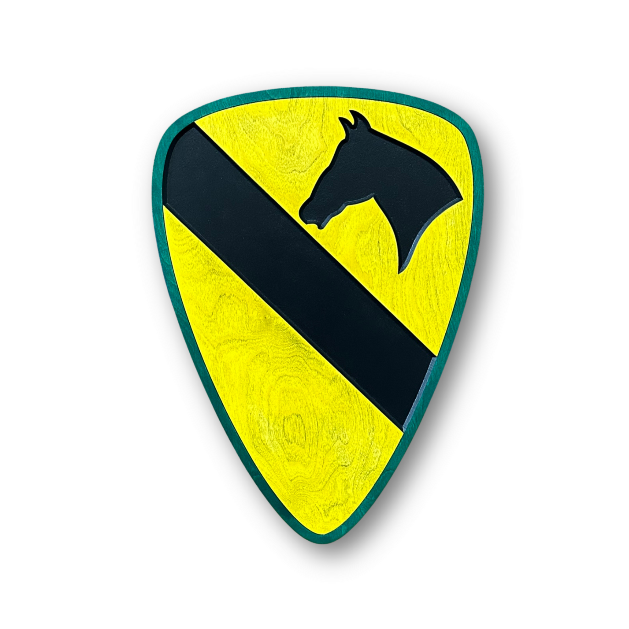Officially licensed US Army 1st Cavalry Division carved wood wall sign with green border and black and yellow shield insignia