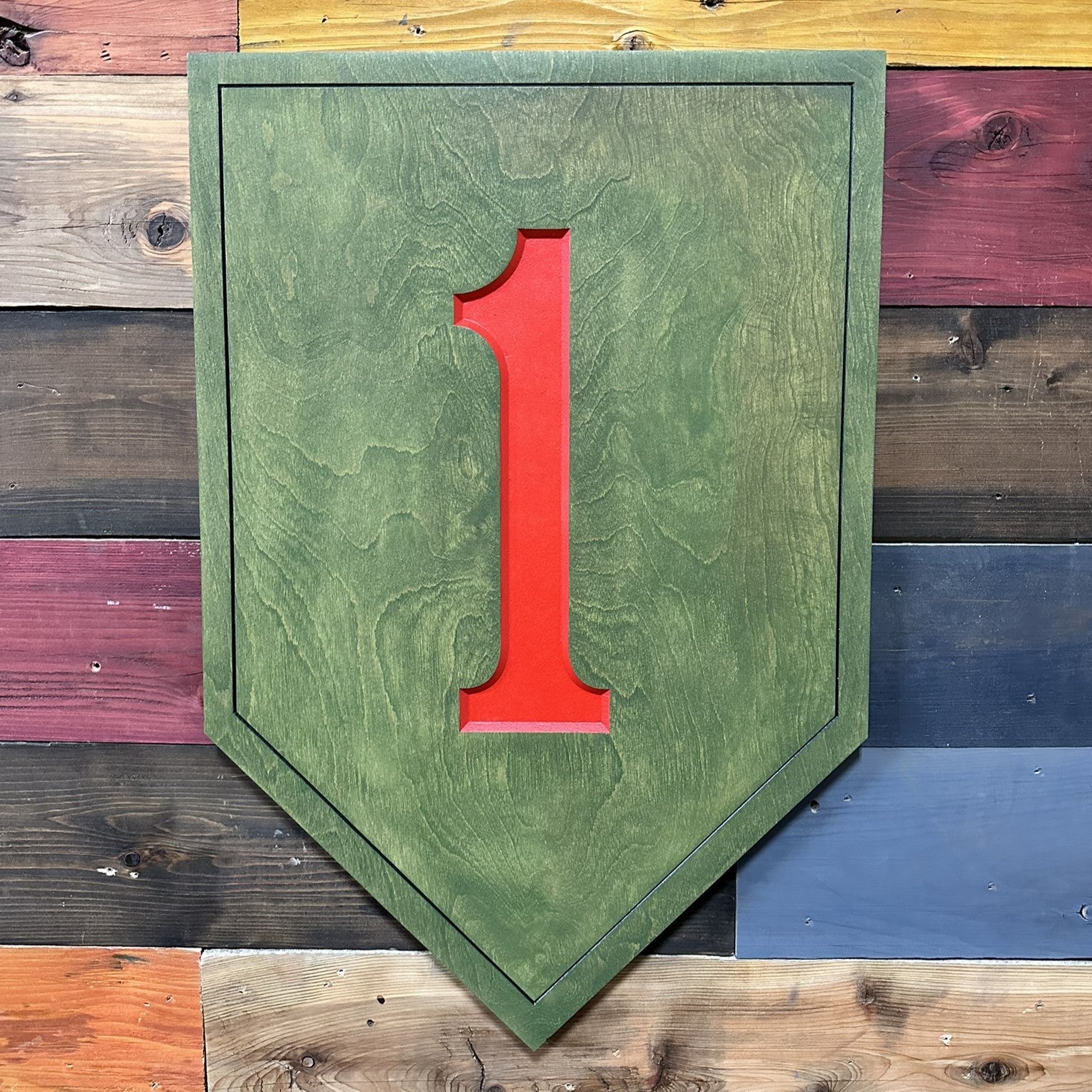 Officially licensed US Army 1st Infantry Division Big Red One carved wood wall sign with green shield and raised red numeral