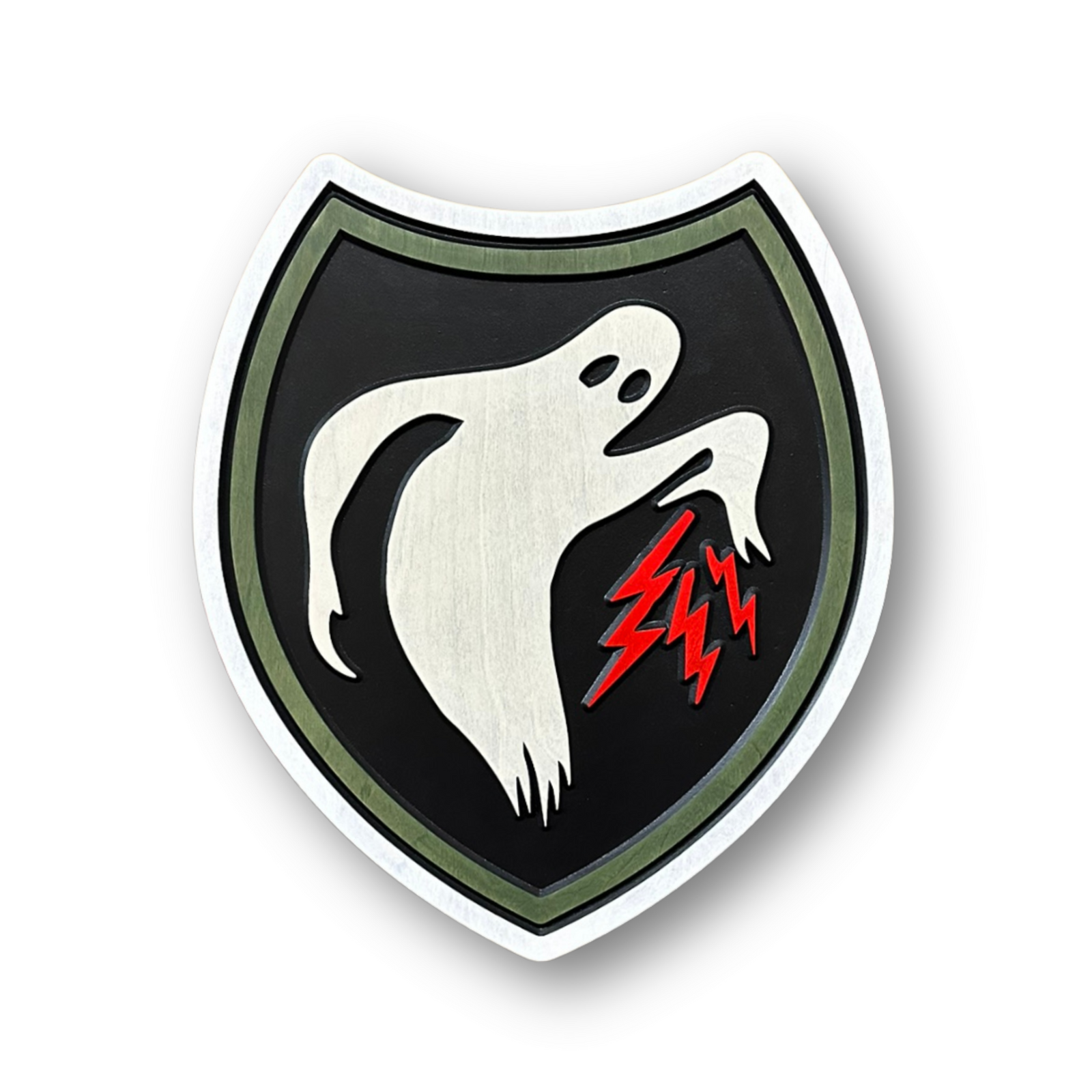 Officially licensed US Army 23rd Headquarters Special Troops Ghost Army carved wood wall sign with white ghost and red lightning bolts