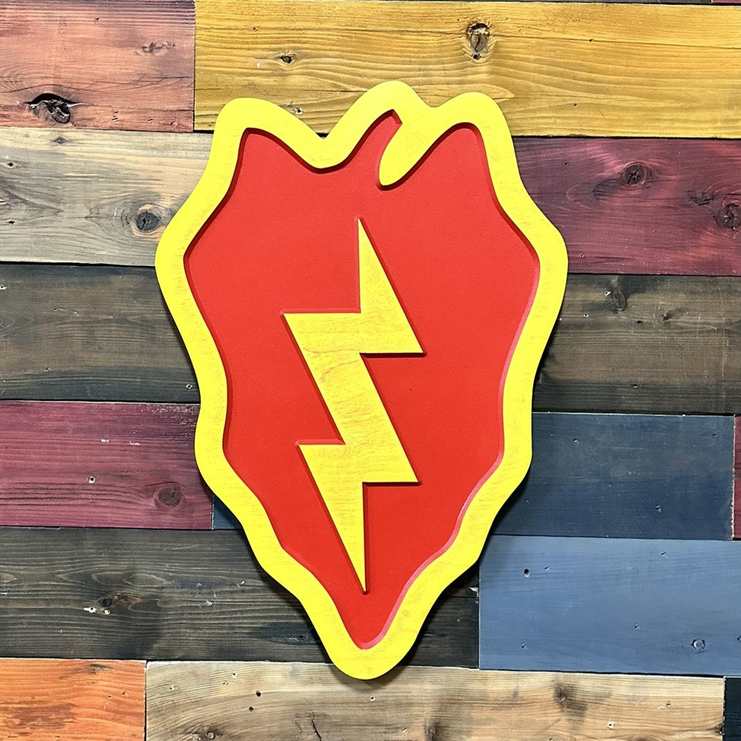 Side profile of US Army 25th Infantry Division Tropic Lightning carved wood wall sign showing carved thickness