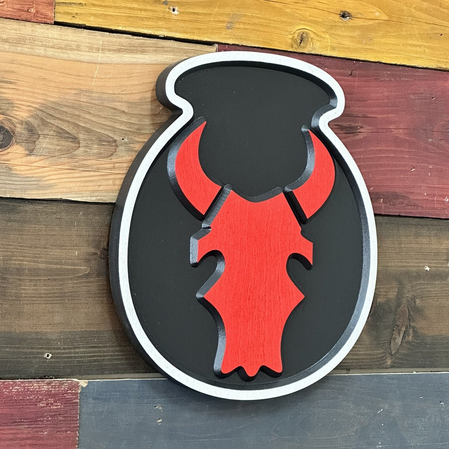 United States Army 34th Infantry Division Red Bull skull badge carved wood wall decor
