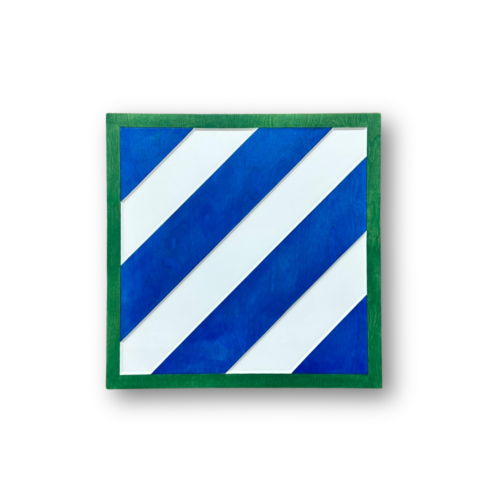Officially licensed US Army 3rd Infantry Division carved wood wall sign with blue and white diagonal stripes and green border