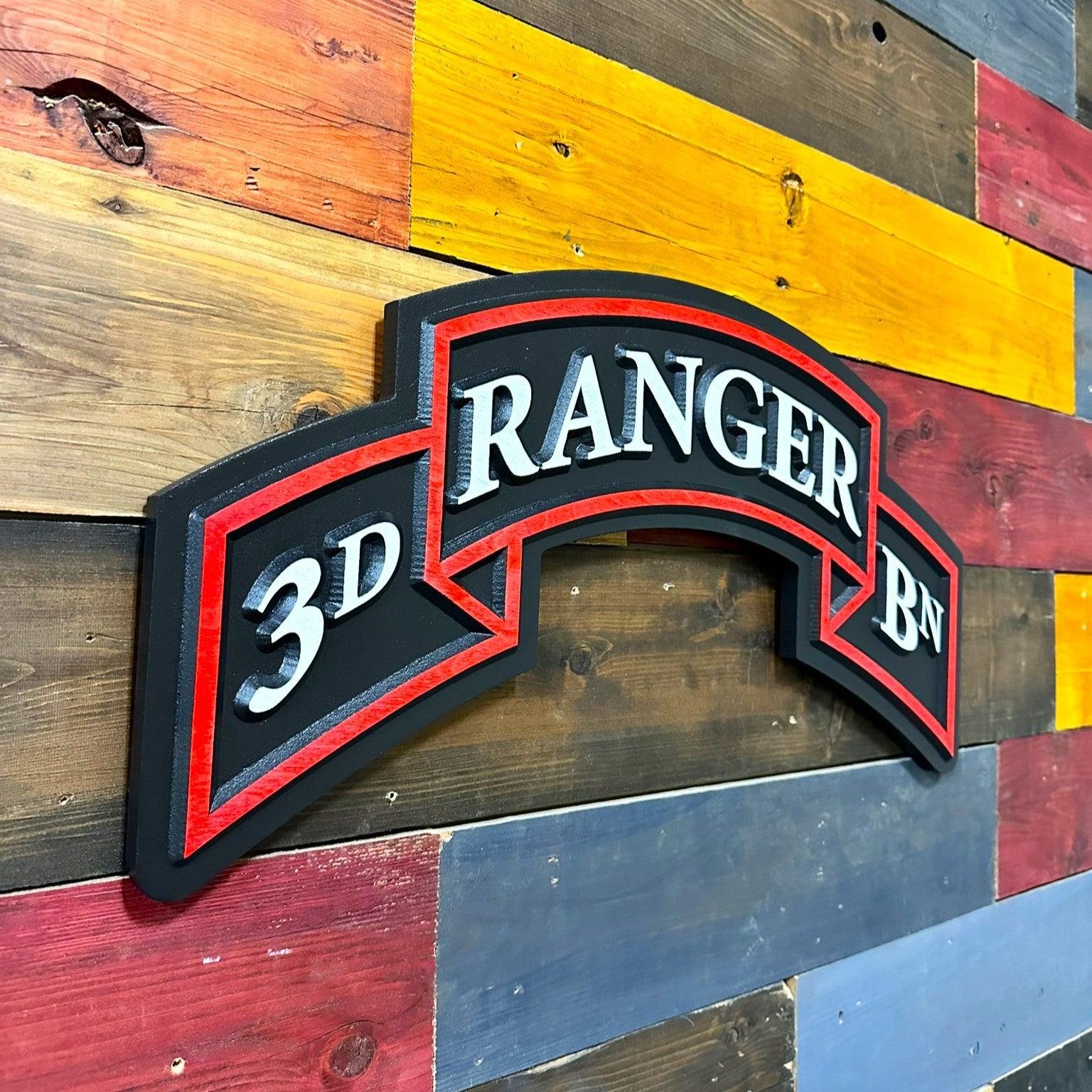 Side profile of US Army 3rd Ranger Battalion carved wood Ranger scroll wall sign showing thickness and carved depth