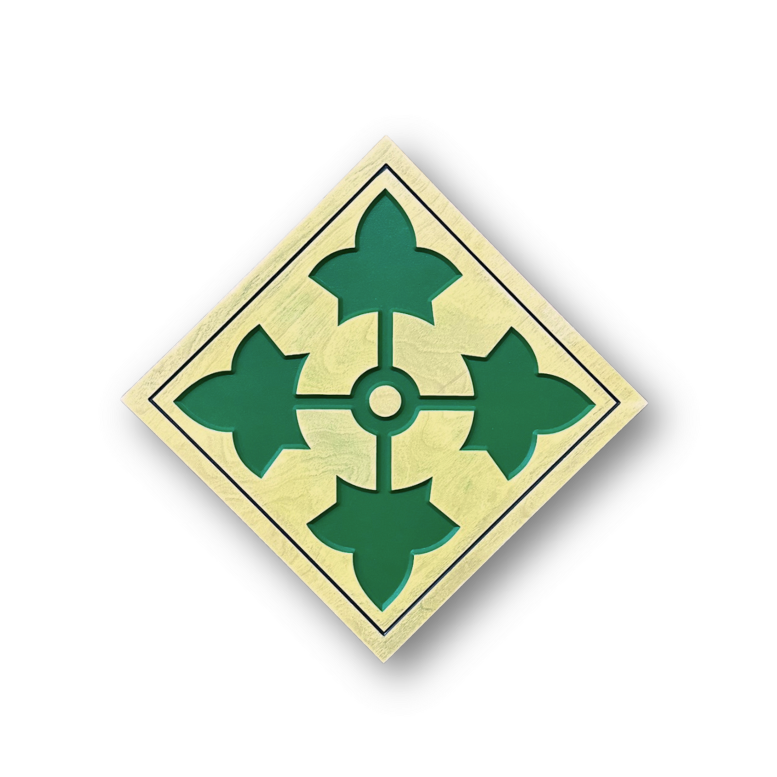 Officially licensed US Army 4th Infantry Division Ivy carved wood wall sign with green ivy cross on diamond field