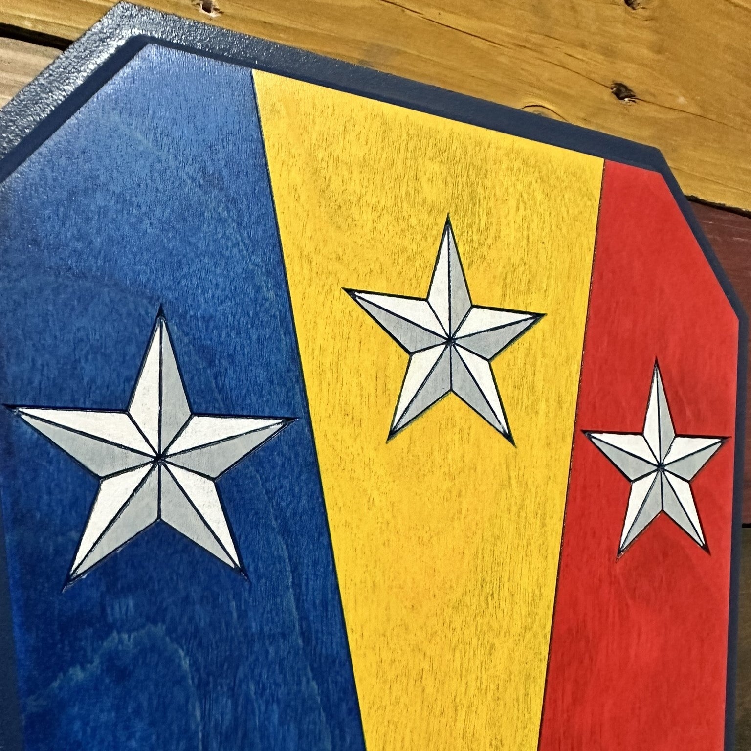 Side profile of US Army 50th Infantry Brigade Combat Team Combat Service Identification Badge carved wood wall sign showing thickness