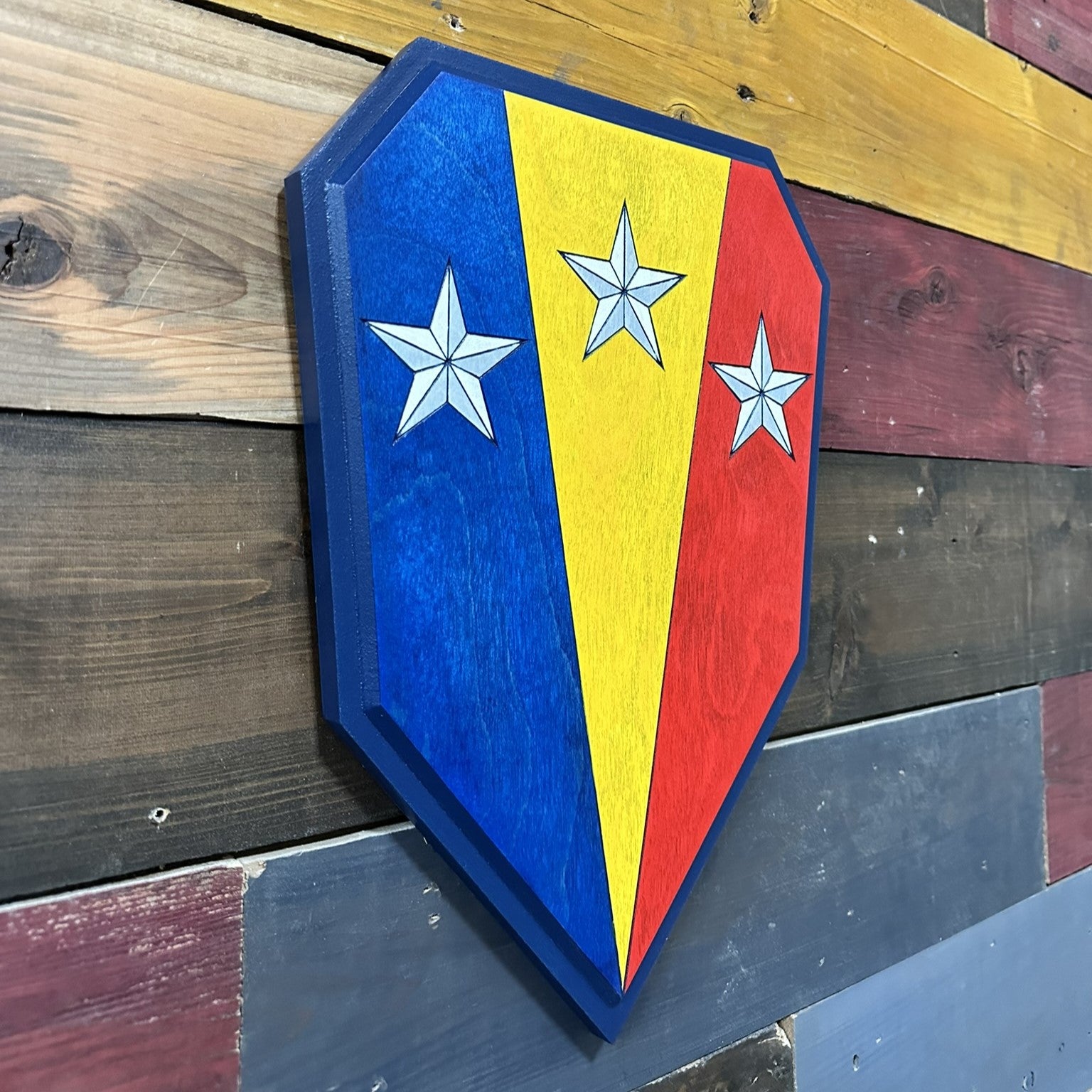 Alternate angle view of officially licensed US Army 50th Infantry Brigade Combat Team Combat Service Identification Badge carved wood wall sign