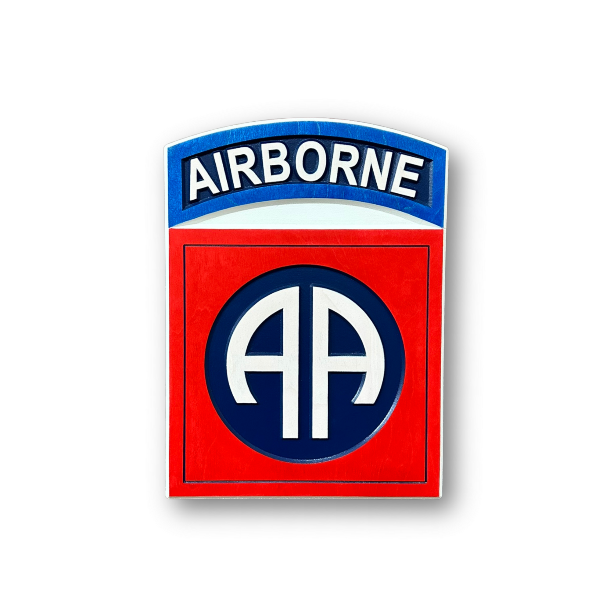 Officially licensed 82nd Airborne Division carved wood wall sign with red square blue circle AA insignia and Airborne tab