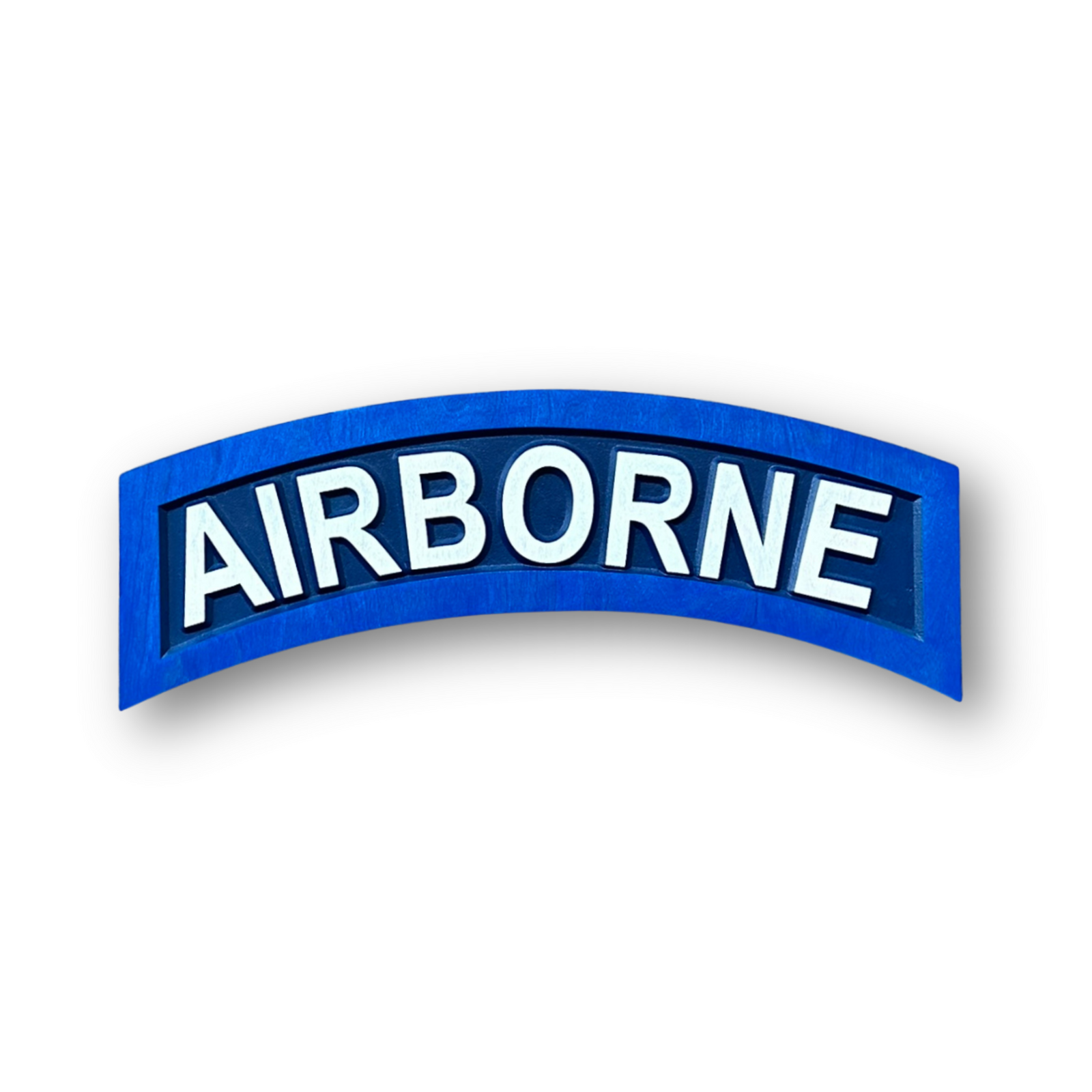 Officially licensed US Army Airborne tab carved wood wall sign in navy blue with raised AIRBORNE lettering