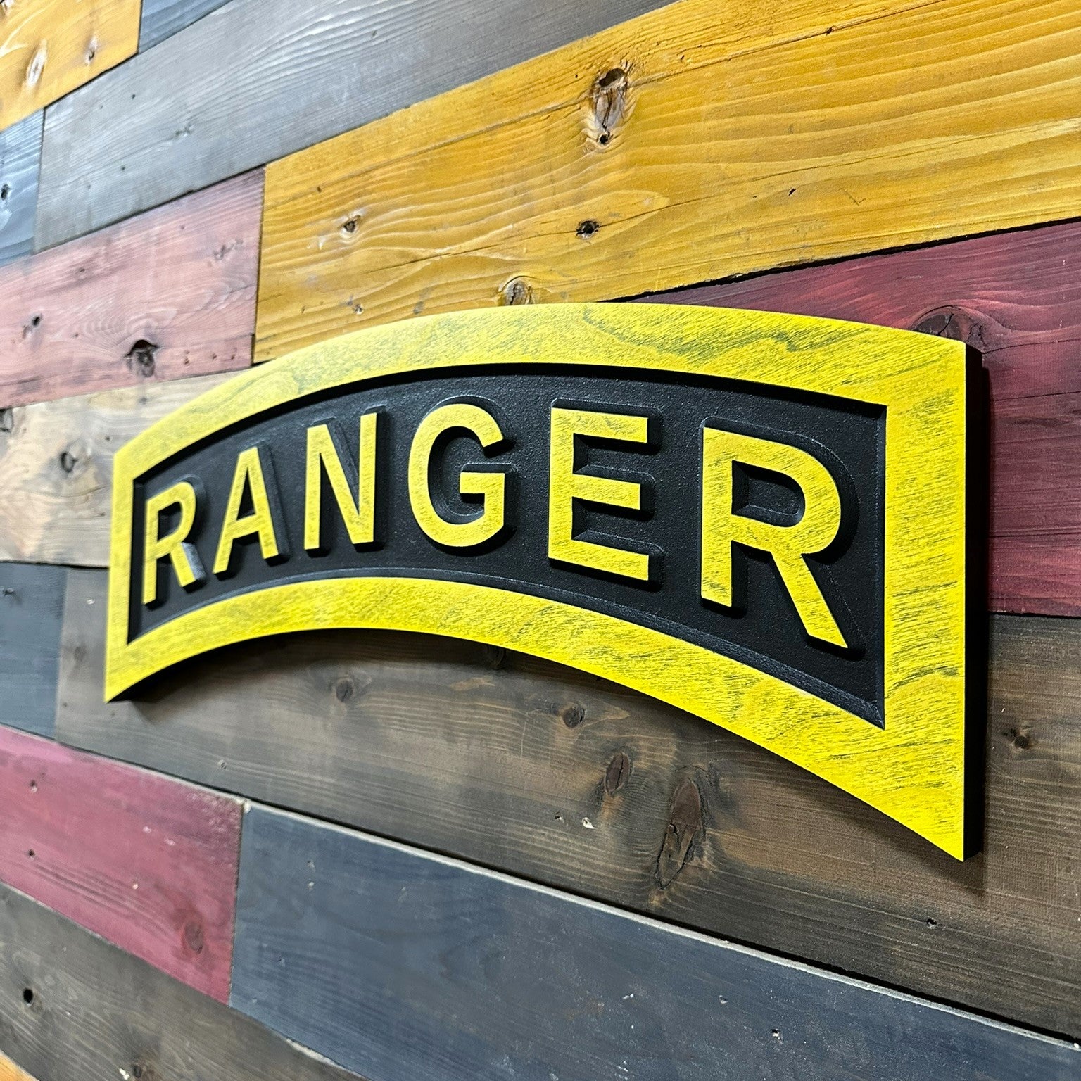 Side profile of US Army Ranger tab carved wood wall sign showing ¾ inch thickness