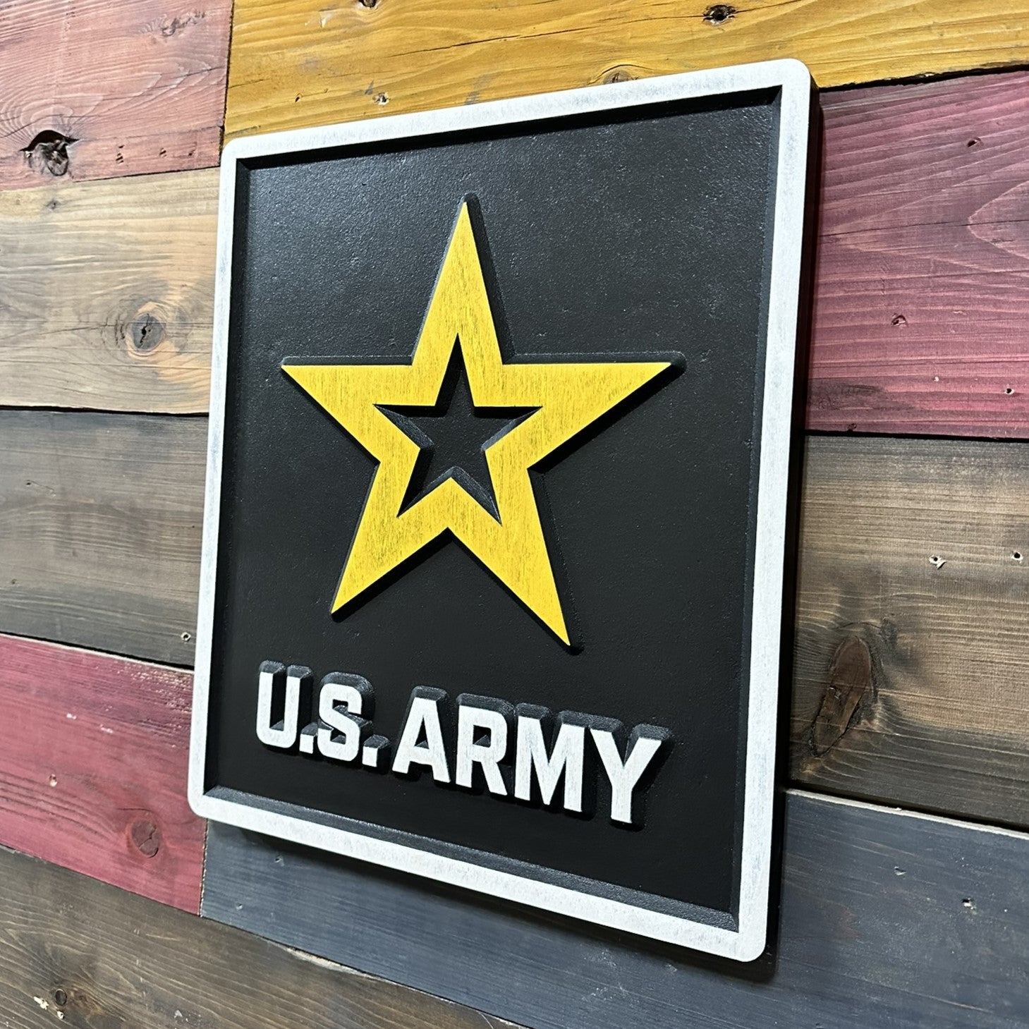 U.S. Army star logo carved wood wall sign mounted on wall