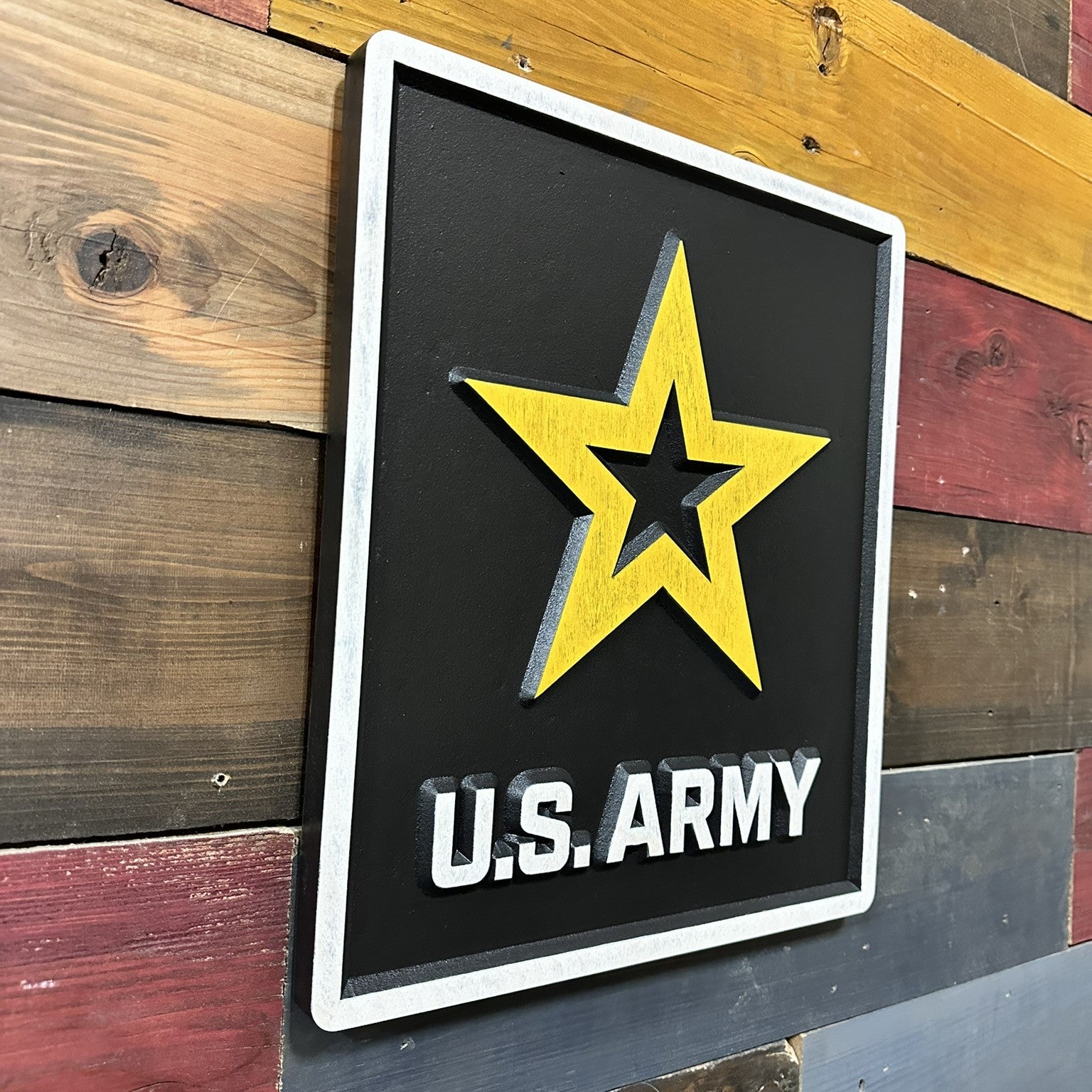 Side profile of U.S. Army star carved wood wall sign showing thickness