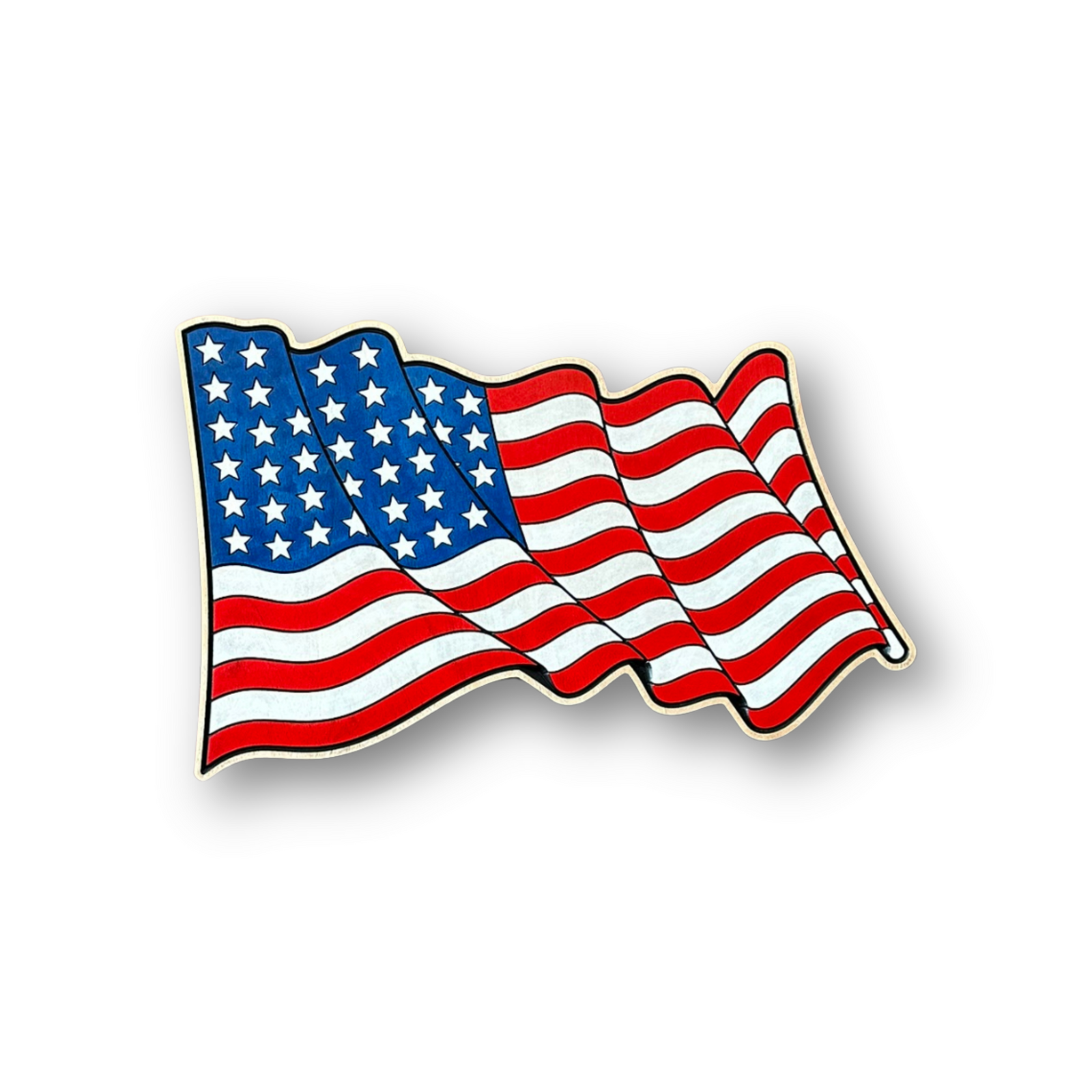 Handcrafted waving American flag wood sign featuring the stars and stripes in a patriotic USA wall art design