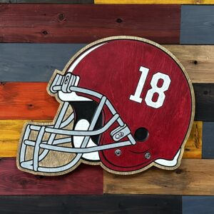 Alabama Crimson Tide helmet sign with number 18 by Cornbread Custom Signs